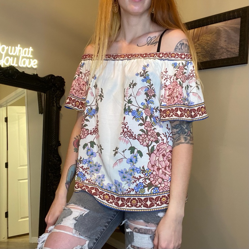 BLUE RAIN FLORAL OFF SHOULDER SOFT BLOUSE